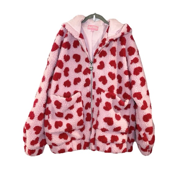 Dolls Kill Jackets & Blazers - Sugar Thrillz Dolls Kill Loyal Maneater Teddy Jacket Oversized Heart Print S